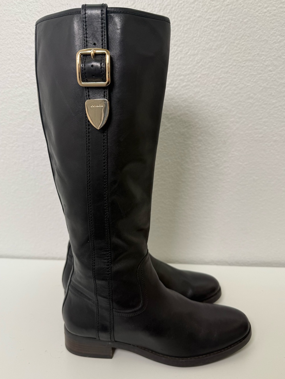COACH Easton Black Leather Riding Boots - Gold Hardware
